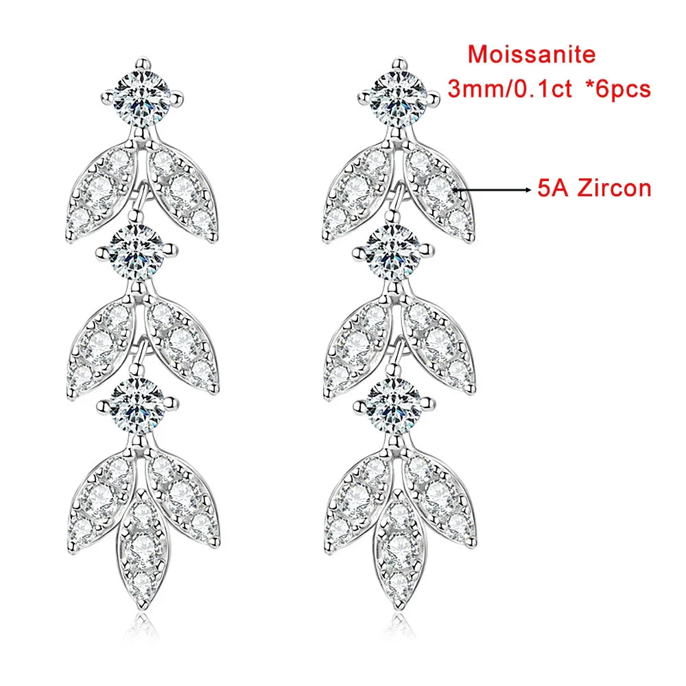 0.6cttw Long Tassel Moissanite Diamond Drop Earrings for Women 925 Sterling Silver Plated Gold Luxury Leaf Earrings Fine Jewelry