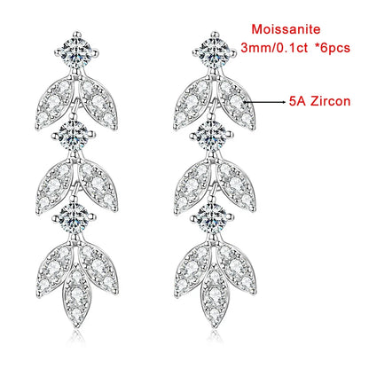 0.6cttw Long Tassel Moissanite Diamond Drop Earrings for Women 925 Sterling Silver Plated Gold Luxury Leaf Earrings Fine Jewelry