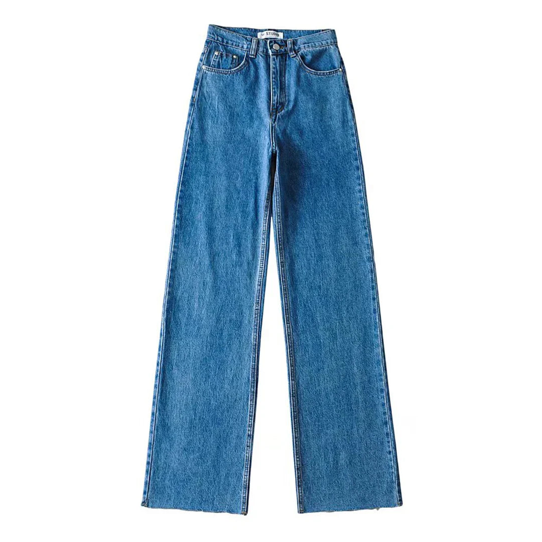 Classic Straight-Leg High-Waisted Denim Jeans with Raw Hem