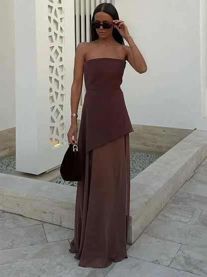 Fashion Strapless Dress With Ribbon Female Elegant Sleeveless Mesh Beach Vacation Long Dress 2025 Spring New Women Dress