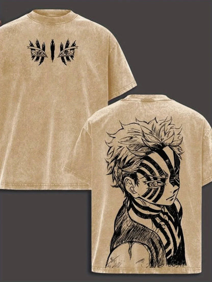 Washed Cotton Men's T-shirt, Anime Retro Anime Fan Exclusive Gift, Manga Enthusiast Men's Top, Street Anime Black T-shirt