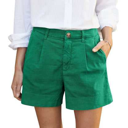 Cotton Linen Solid Shorts For Women Button High Waist Summer Loose Casual Pockets Shorts Female Pants Women Clothing