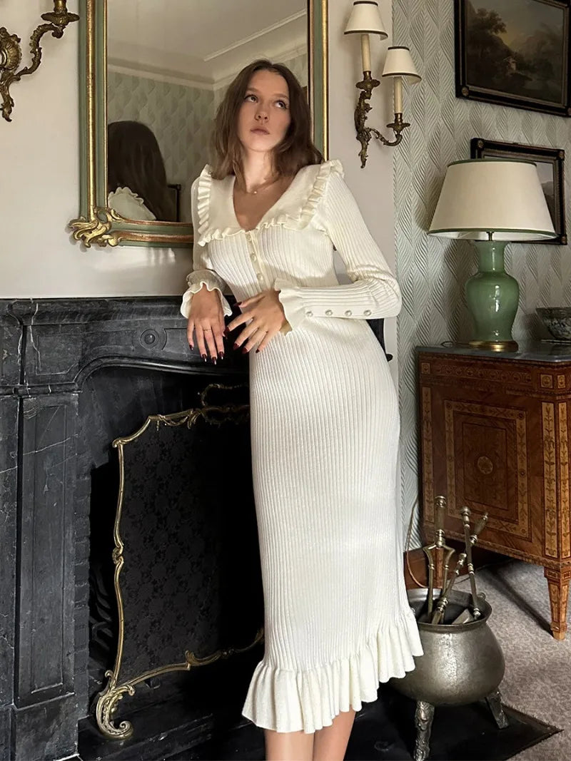 High Waist Ruffled Maxi Dresses For Women Autumn Winter Knitted Slim Long Dress Women's Vintage Dress Woman Retro Elegant