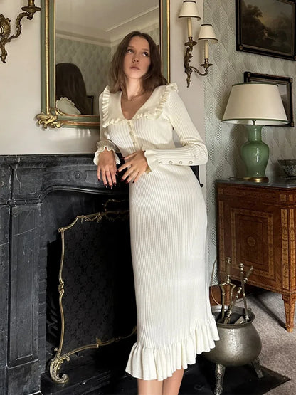 High Waist Ruffled Maxi Dresses For Women Autumn Winter Knitted Slim Long Dress Women's Vintage Dress Woman Retro Elegant
