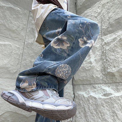 Mens Fashion Printed Jeans 2024 Spring Floral Denim Mopping Trousers Korean Style High Street Loose Hip Hop Wide-leg Jean Pants