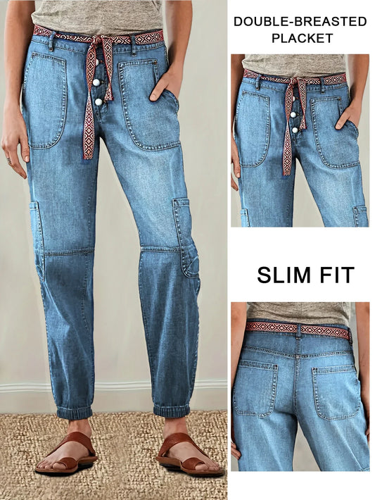 Women's stylish high waist blue denim loose fit jeans