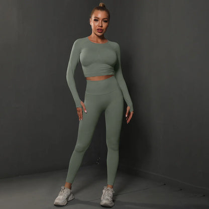 2Pcs Women Sets Energy Seamless Gym Suits Bubble Butt Sports Pants+Long Sleeve Shirts Push Up Running Sets Tracksuits Tights Set