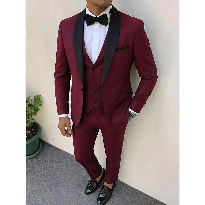 3pcs Men'S Slim Fit Groomsmen Suit | Purple Jacket, Vest, Pants with Non-Stretch Fabric and Color Block Pattern