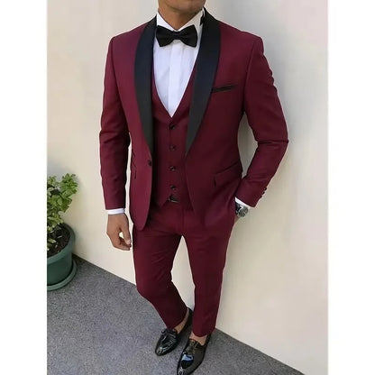 3pcs Men'S Slim Fit Groomsmen Suit | Purple Jacket, Vest, Pants with Non-Stretch Fabric and Color Block Pattern