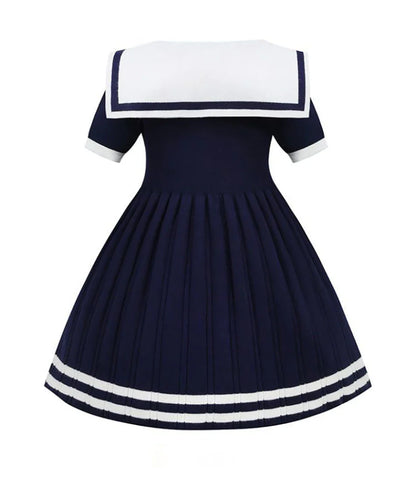 Short Sleeve Solid Color Sailor Collar Dress Girls Princess Style Birthdays Party Dress Girls Casual Dresses