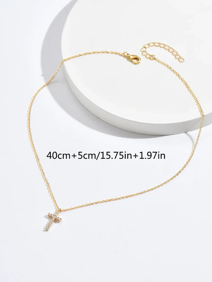 Fashion New Zircon Inlaid Cross Necklace Pendant Jewelry for Women Gold Color Long Clavicle Chain Necklaces