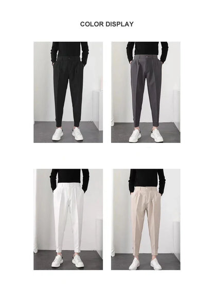 Fashion Men Casual Pants Elastic Waist Small Feet Slim Korean Style Pleated Tapered Male Blazer Pants Trousers Streetwear