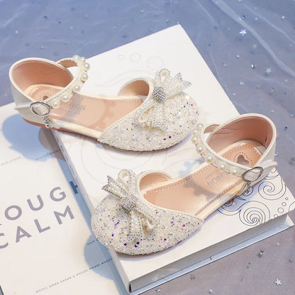 2026 Girls' Princess Shoes Spring And Summer Sandals White Flat Dress Shoes Pearl Decoration For Kids And Teens