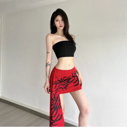 Y2K Millennium Graffiti High Waist Midi Skirt Women's Cool Unisex Asymmetrical Design Polyester Spandex Blend