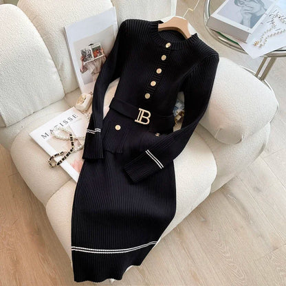 Autumn Winter Women Knitted Dress Brand Fashion O-neck Buttons Bodycon Sweater Dress with Belt Lady Office Dress