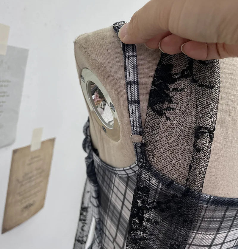 Y2K Plaid Camisole for Women Summer Casual Lace Scarf Breathable Stretch Mesh Patchwork Asymmetrical Ruffle Slim Tops