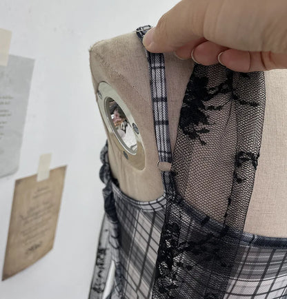 Y2K Plaid Camisole for Women Summer Casual Lace Scarf Breathable Stretch Mesh Patchwork Asymmetrical Ruffle Slim Tops