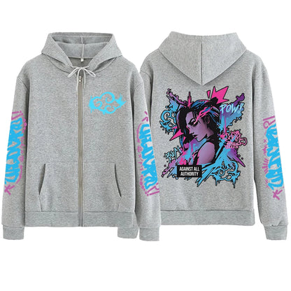 2025 Anime Arcane Vi Zipper Hoodie Harajuku Pullover Tops Long Sleeve Loose Casual Sweatshirts