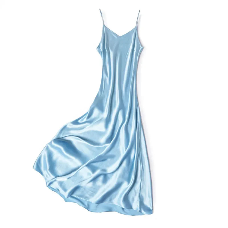100% Natural Mulberry Silk Plain Satin French V-neck Diagonal Cut Women's Sexy Solid Suspender Dress