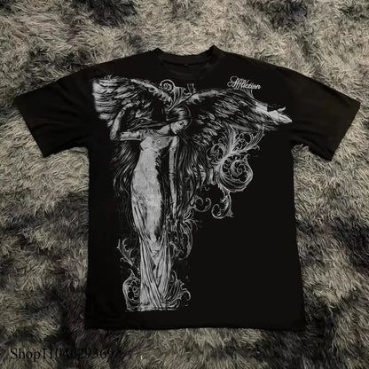Classic Y2K Gothic Style T-shirt Print Oversized T Shirt High Street Shirts Gothic Round Neck Cotton Tops New Mens Women T Shirt
