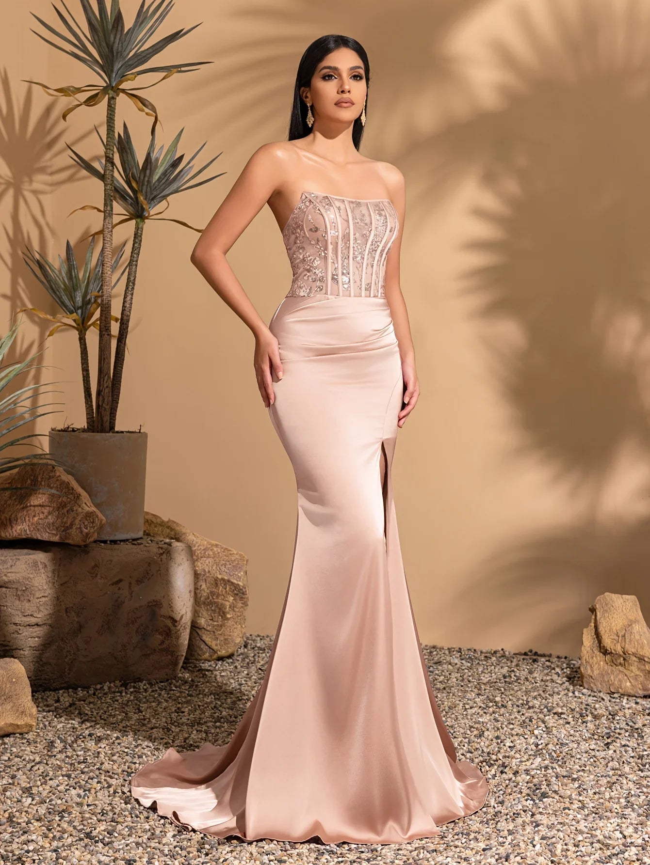 Strapless fishbone decoration pleated slit satin mermaid dress, elegant and chic dress