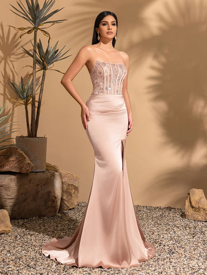 Strapless fishbone decoration pleated slit satin mermaid dress, elegant and chic dress