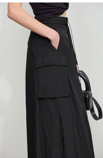 Vacation Long Skirt 2025 Summer Women Loose Sun Protection Office Lady Solid Pockets Elastic Waist Cord Slit Skirt 12542106