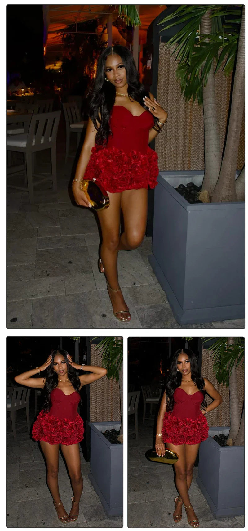 Christmas Dress Strapless Backless Red Structured Floral Embellished Mini Length Bodycon Celebrity Party Cocktail Dress