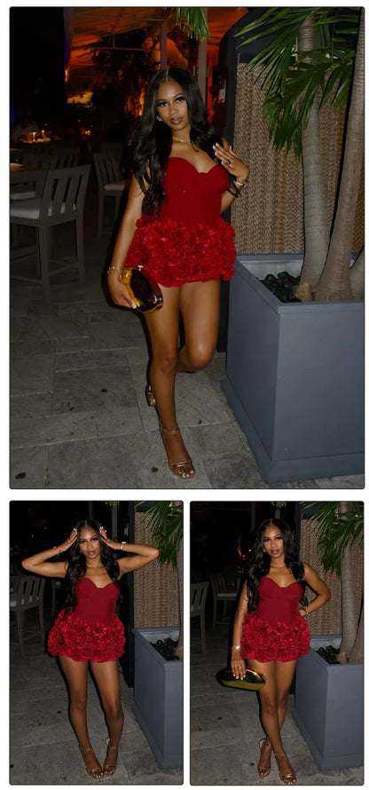 Christmas Dress Strapless Backless Red Structured Floral Embellished Mini Length Bodycon Celebrity Party Cocktail Dress