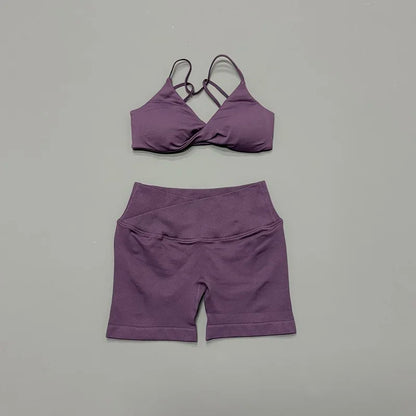 Women 2 Piece Gym Set Seamless Yoga Sports Bra V Neck Twist Front Tummy Control Butt Lifting Shorts Fitness Running Workout Set