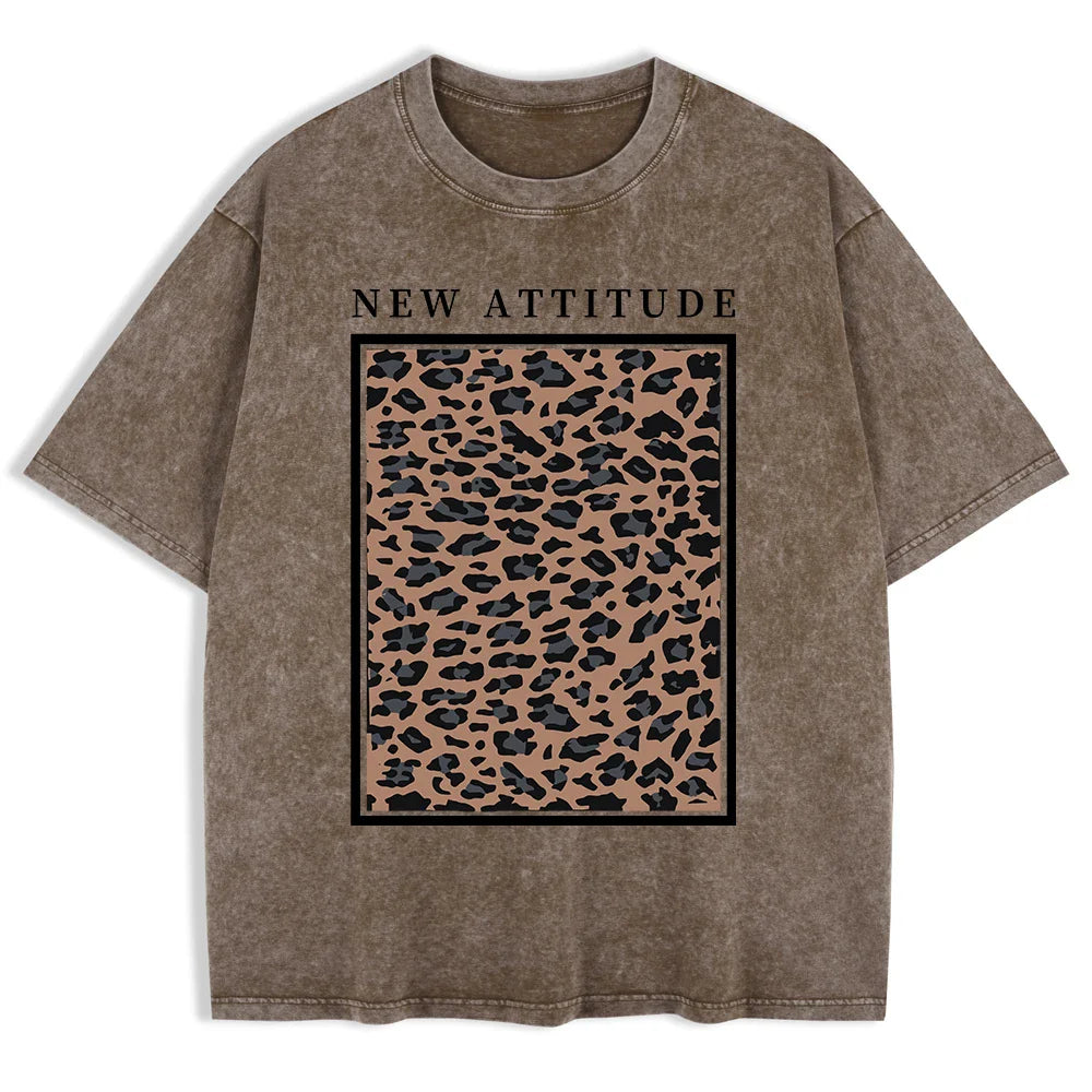 Cotton Washed T-shirt for Women New Attitude Fashion Leopard Prints Tops Loose O-Neck Oversized Short Sleeve Y2k Female Clothes