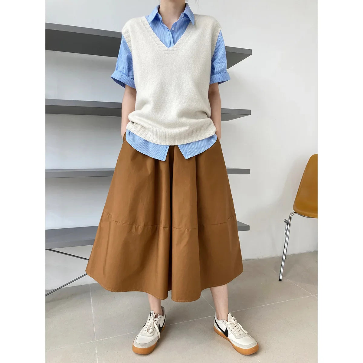 2024 Spring Autumn High-waisted Fluffy A-line Vintage Skirt Elastic Waist Large Swing Umbrella Skirt Retro Clothes