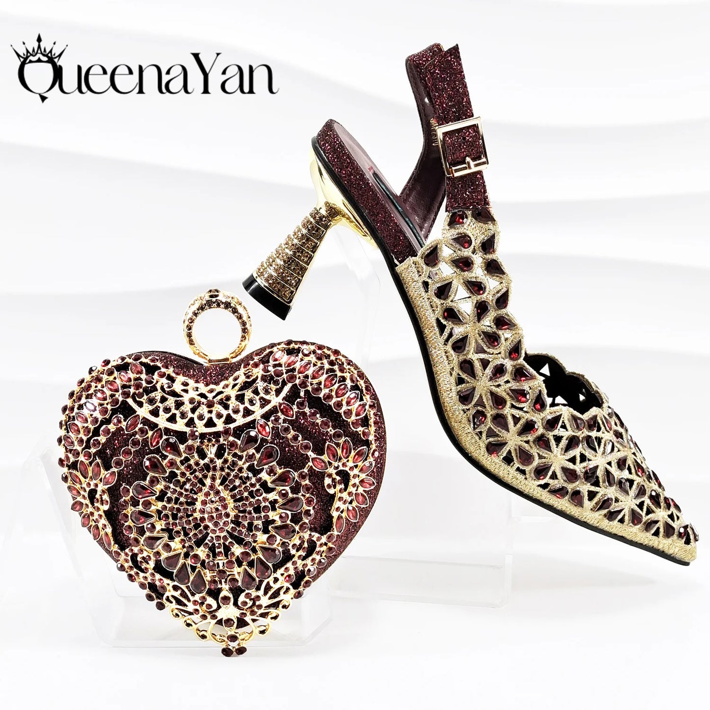 Italian Design Rhinestone-encrusted Sex Ladies Shoes And Special Bag High Heels And Heart Shape Gold Mini Bag