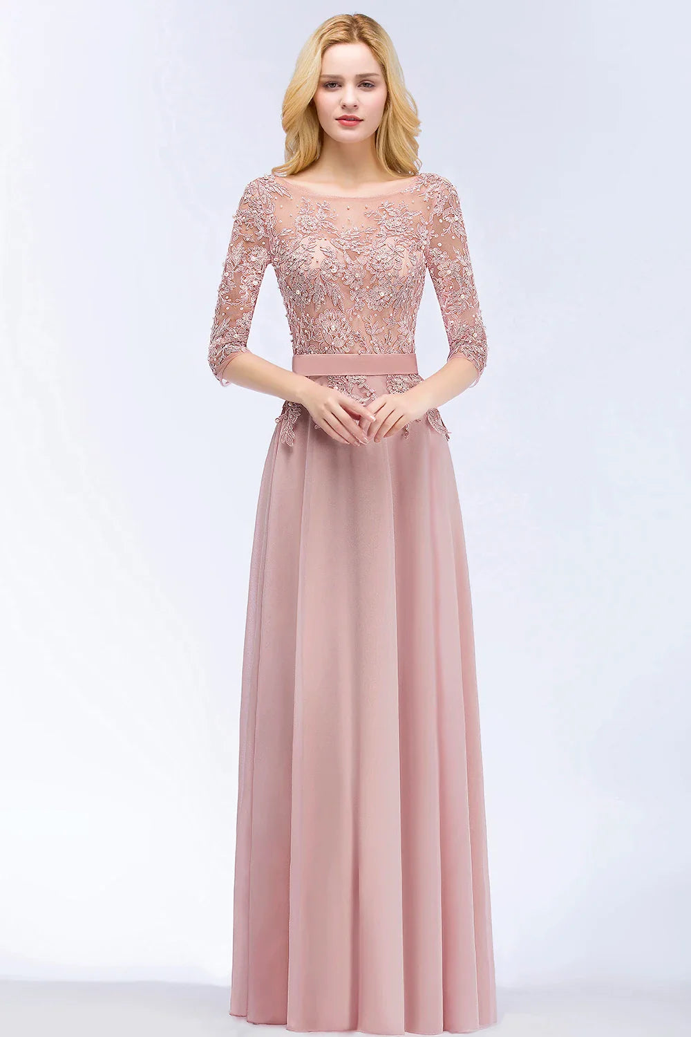 2024 Dusty Rose Evening Dresses Chiffon Appliques 3/4 Sleeves Banquet Formal Party Prom Gowns Maxi Robe De Soiree