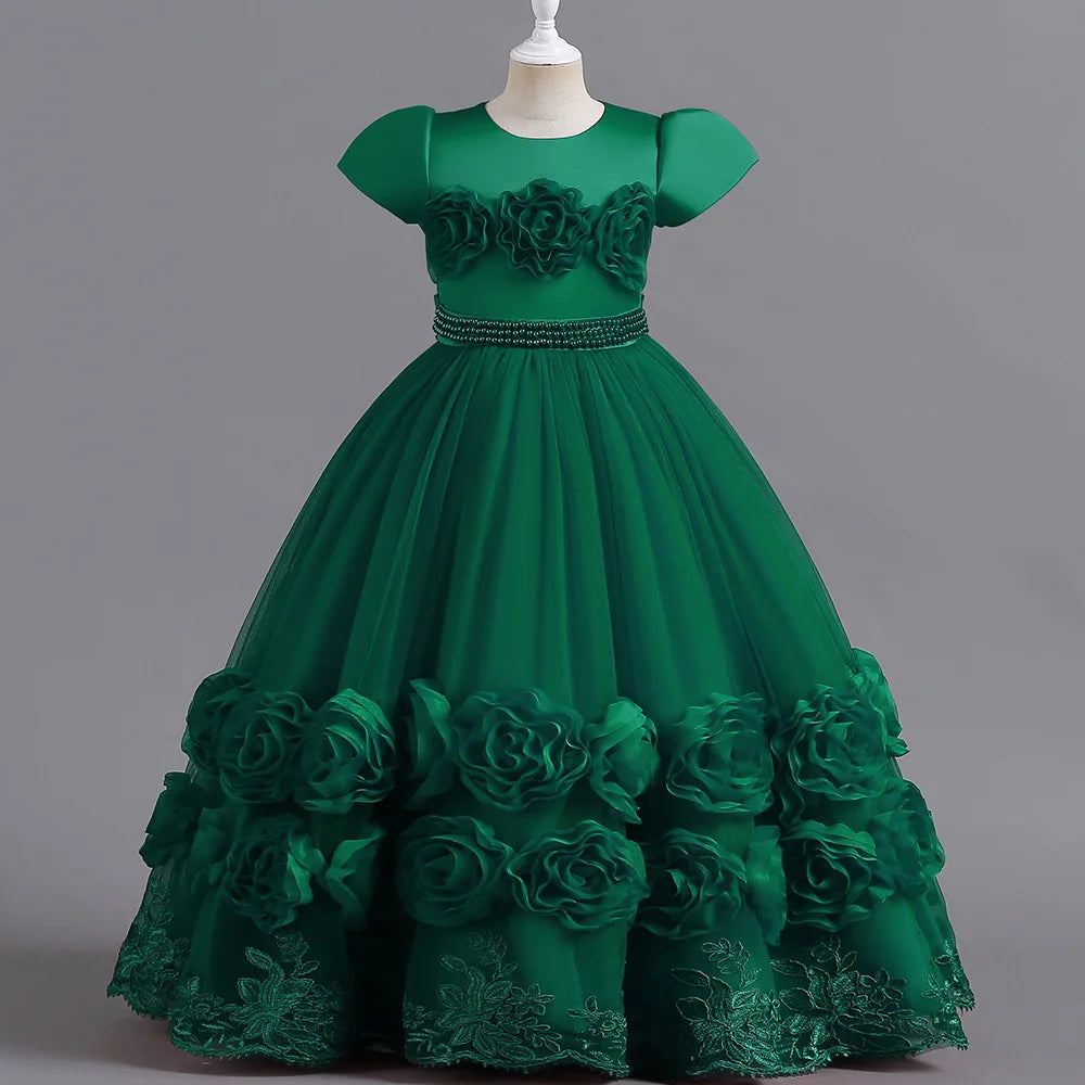 Summer Flower Bridemaids Party Girl Dresses Elegant Wedding Birthday Princess Prom Dress for Girls Bow Evening Christmas Costume