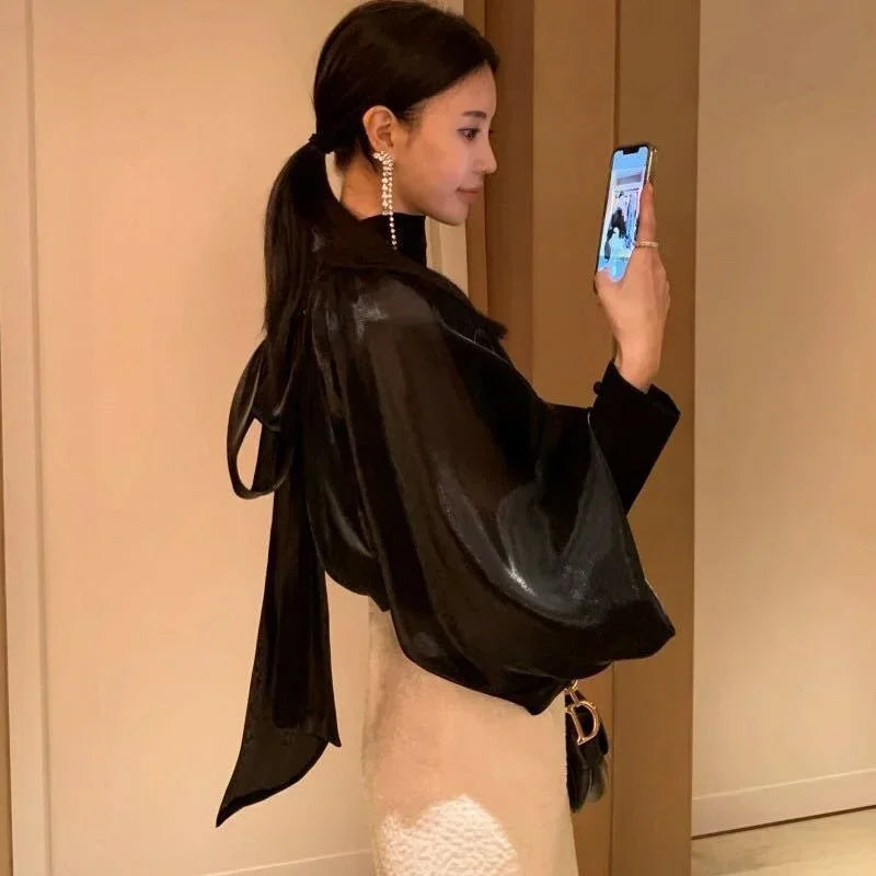Spring Autumn Women Fashion Tops New Shirts Lantern Sleeve Stand Collar Solid Casual Vintage Elegant Temperament Long-Sleeved
