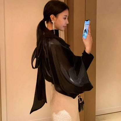 Spring Autumn Women Fashion Tops New Shirts Lantern Sleeve Stand Collar Solid Casual Vintage Elegant Temperament Long-Sleeved