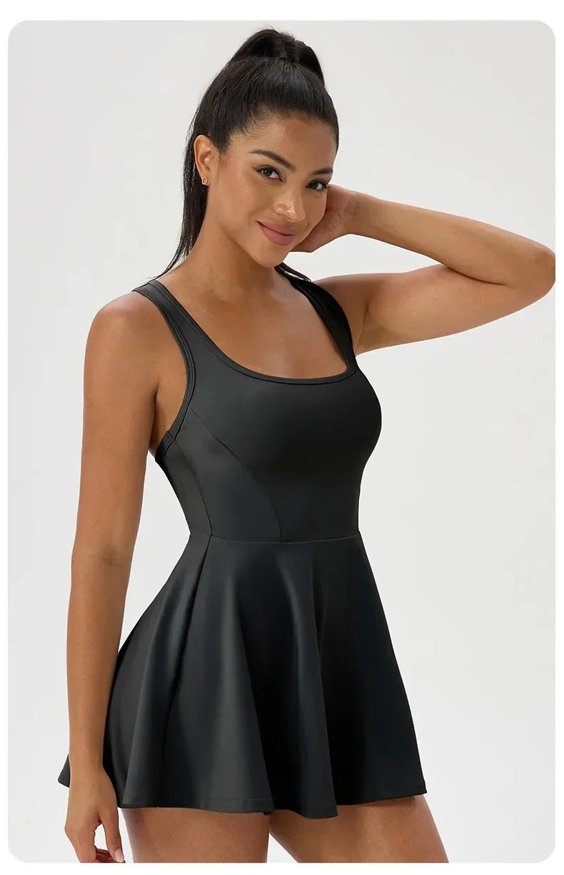 Women Summer Tennis Dress Breathable Quick-Dry Workout Dress Outdoor Sports Skirt Gym Yoga Short Dress Casual Athletic Skirt