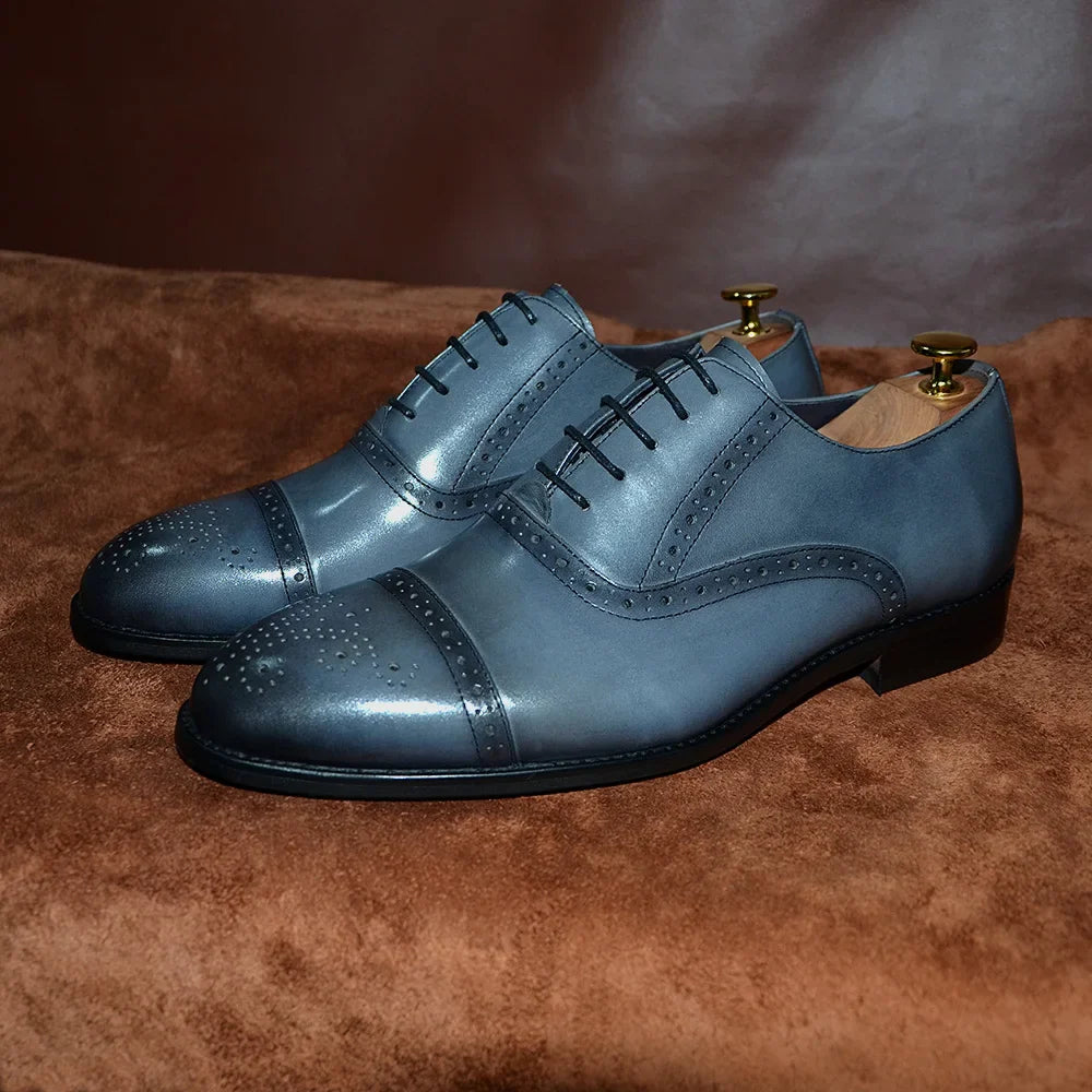 Italian Mens Dress Shoes Genuine Leather Cap Toe Oxfords Lace-up Black Brown Wedding Business Office Brogue Formal Shoes for Men