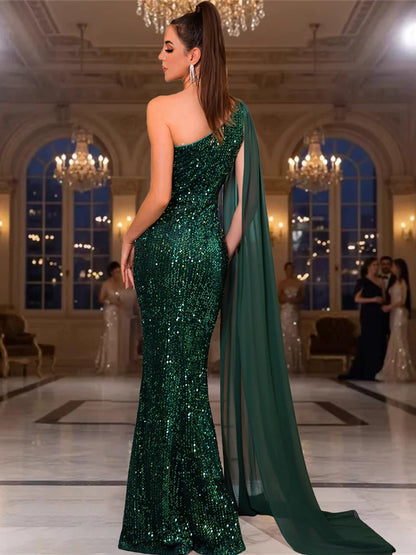 One Shoulder Chiffon Ribbon Flip Green Sequined Evening Dress Long Prom Maxi Gown for Women
