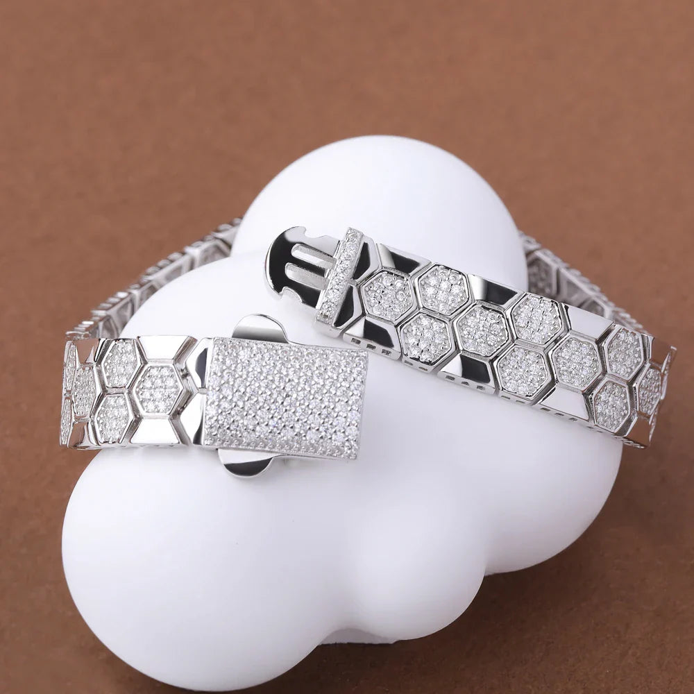 Original Honeycomb Moissanite Diamond Bracelets for Women Men 925 Sterling Silver Tennis Bracelet Wide Edge Bangles Wrist Chain