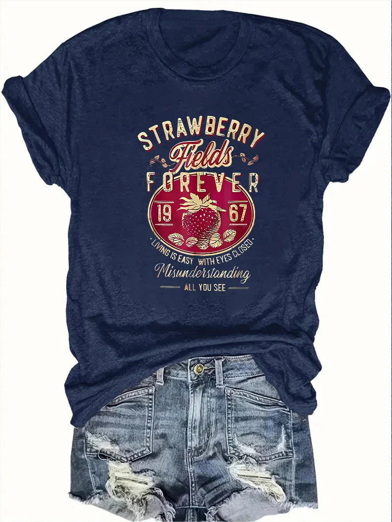 Harajuku Strawberry Fields Forever Letter Print Women T Shirt Short Sleeve Crew Neck Summer Casual Top for Women Clothes Shirts
