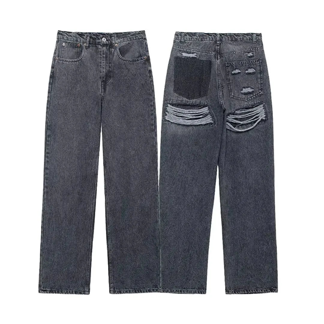 Women's Street Fashion Denim Blue Jeans Distressed Patchwork High Waist Zipper Fly Ripped Retro Long Pants