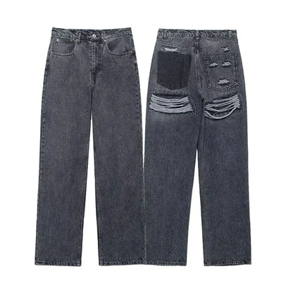 Women's Street Fashion Denim Blue Jeans Distressed Patchwork High Waist Zipper Fly Ripped Retro Long Pants