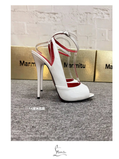 White ultra-fine high-heeled fish mouth sandals with empty straps, shallow mouth shoes, sexy party versatile high heels