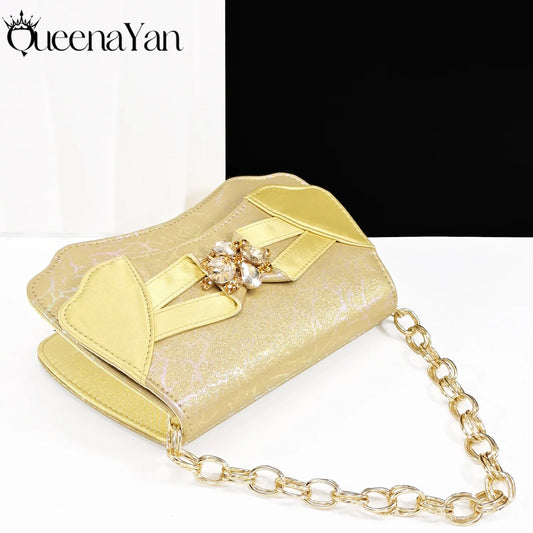 New Summer Collection Stylish Italian Women’s Shoes and Bag Set Gold Colour Comfortable Low Heels With Rhinestone