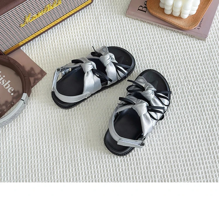 2026 Summer Girls Princess Sandals with Double Bow-knots Soft Fashion Classic Kids Summer Beach Shoes Open Toes Sweet Anti-skid