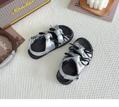 2026 Summer Girls Princess Sandals with Double Bow-knots Soft Fashion Classic Kids Summer Beach Shoes Open Toes Sweet Anti-skid