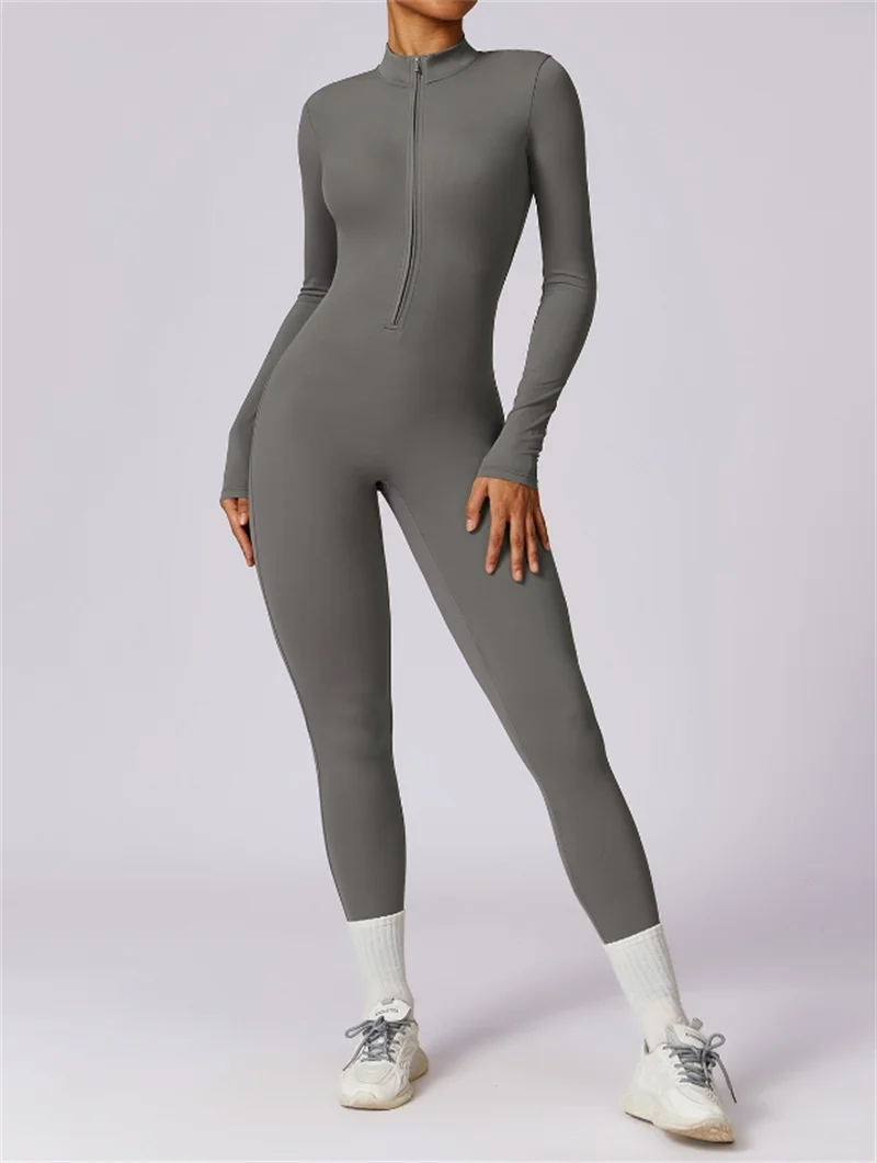 Half zip integrated long yoga jumpsuit solid color sexy long sleeved integrated sportswear for women
