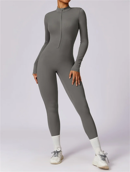 Half zip integrated long yoga jumpsuit solid color sexy long sleeved integrated sportswear for women